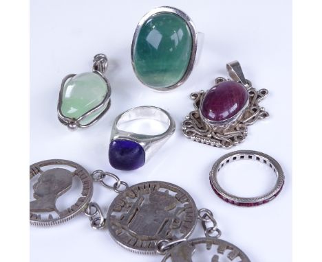 Various silver jewellery, including large sterling stone set rings, coin bracelet etcLot sold as seen unless specific item(s)