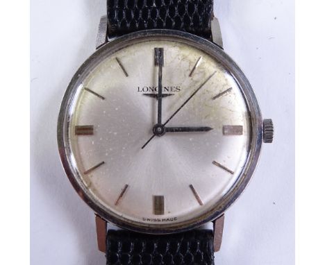 LONGINES - a Vintage stainless steel mechanical wristwatch, silvered dial with baton hour markers, case width 33mm, not curre