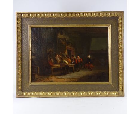 19th century oil on canvas, after Teniers, tavern interior scene, unsigned, 17" x 24", framedSmall patch repairs, no visible 