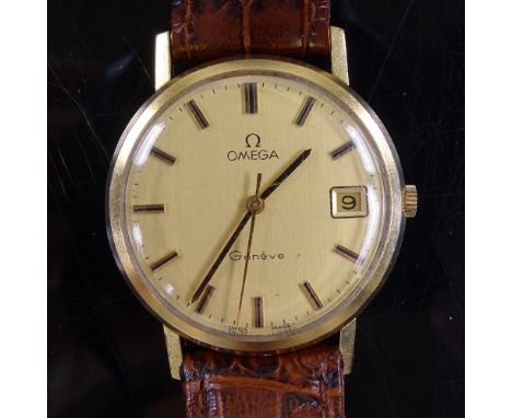 OMEGA - a Vintage 9ct gold Geneve mechanical wristwatch, circa 1970s, champagne dial with baton hour markers and date apertur