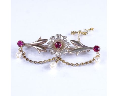 A 19th century unmarked gold ruby pearl and diamond bar brooch, floral decoration with chain swags, brooch length 46.1mm, 6.6
