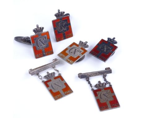 GEORG JENSEN - 4 Danish sterling silver and red enamel Kingmark badges and buttons, and a pair of cufflinks, badge height 24m