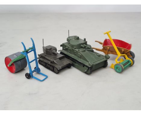 Four unboxed Dinky Toys including Sack Truck, Roller, Barrow and Lawn Mower, Ex-M