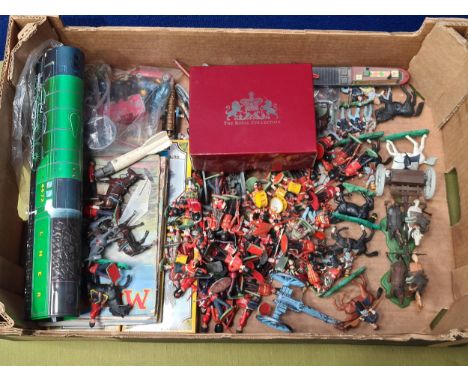 A box of plastic Britains American Civil War Figures and plastic and metal Guardsmen and Scottish Figures, four boxes of Wood