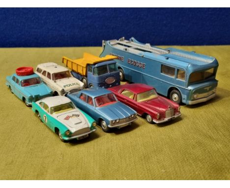Seven unboxed Corgi Toys including Ecurie Ecosse Racing Car Transporter, Rover 2000, Ford Zephyr Police Car, Mercedes-Benz 22
