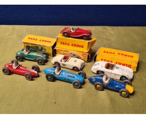 Four Dinky Toys Racing Cars including Cooper-Bristol with damaged box, Maserati, Talbot Lago and Ferrari, a No.108 red MG Mid
