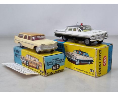 A boxed Corgi Toys No.219 Plymouth Sports Station Wagon, F, box P (missing one end flap), and a boxed No.481 Chevrolet Police
