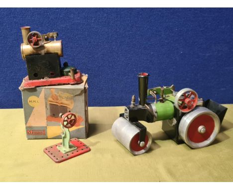 A Mamod Steam Roller, boxed M.M.1 Stationary Steam Engine and a steam Pillar Drill