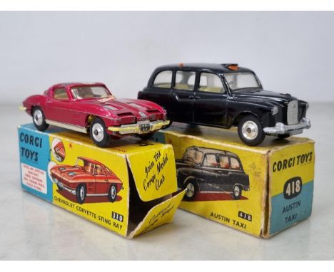A boxed Corgi Toys No.310 Chevrolet Corvette Sting Ray, F, box P (one end flap missing), and a boxed No.418 Austin Taxi, G, b
