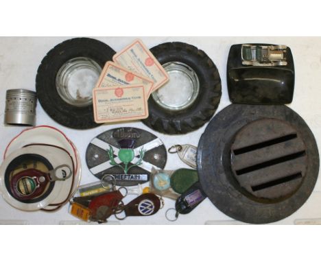 A Scottish Albion Chieftain enamel plaque, two Firestone ashtrays, a Rolls Royce ashtray and other motoring memorabilia inclu