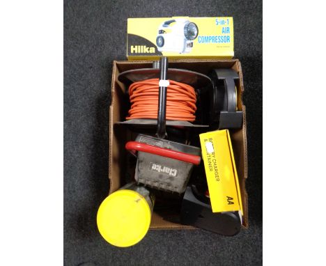 Two plastic toolboxes containing hardware and hand tools together with a further box containing air compressor, Clark sight l