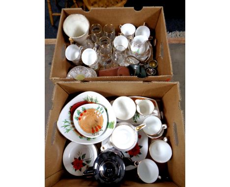 Two boxes containing part china tea services, commemorative goblets, vintage camera, plated egg cups with spoons 
