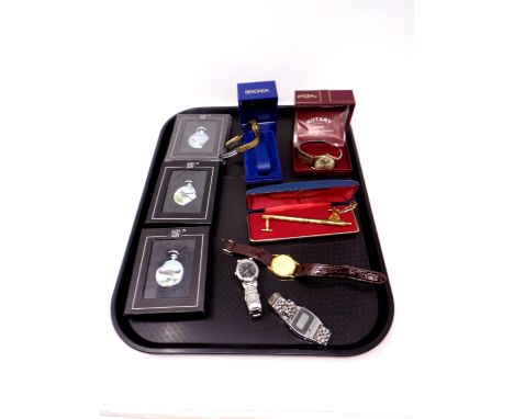 A tray containing assorted lady's and gent's wristwatches to include Rotary, Sekonda, Casio, together with a boxed pen, cuff 