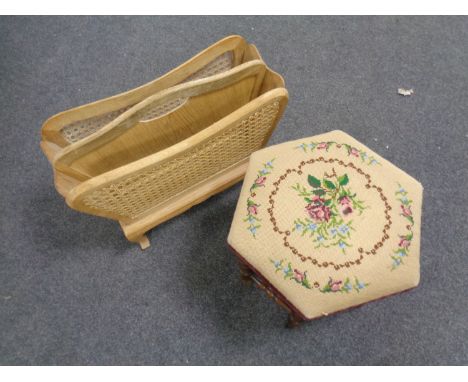 A blonde oak bergere magazine rack together with a hexagonal tapestry upholstered stool  