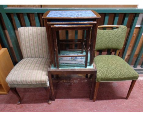 A nest of three mid 20th century Danish tile topped tables together with a further tile topped coffee table, a bedroom chair 