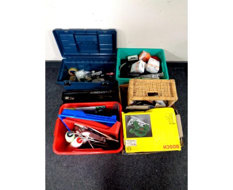 Two plastic crates and a tool box of assorted hand tools, hardware, bulbs, timing switches, paint rollers, together with a Bo