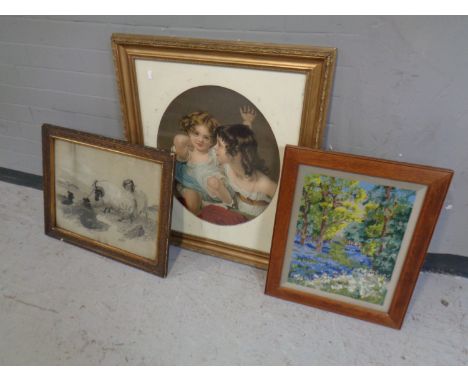 An oak framed tapestry, woodland scene, together with an early 20th century pencil sketch, sheep dog with rams, and an Edward