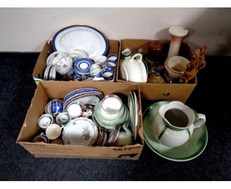 Three boxes containing antique and later miscellaneous china to include Washington Old Willow tea china, Stoneware flagon, Mi