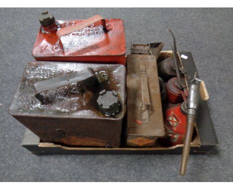 A box of eight assorted vintage oil and petrol cans to include Redex, Pratts, Shell etc, together with an ammunition crate 