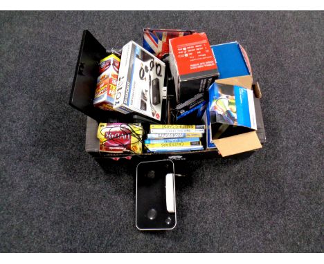 A box containing miscellaneous to include external hard drive, router, portable megaphone, iPod dock, USB video grabber etc  