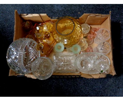 A box containing early 20th century and later glassware to include coloured trinket sets, glass light shade, vases, bowls etc
