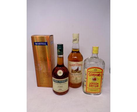 A bottle of Martel Cognac, 70cl (sealed) together with three further bottles of spirits to include Famous Grouse, Three Barre