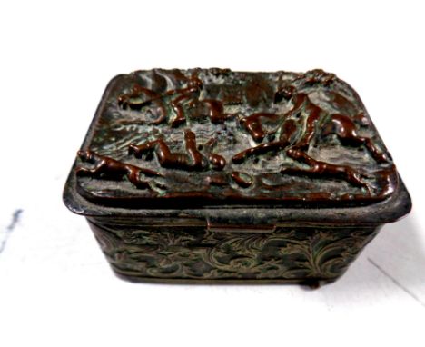 An antique plated embossed snuff box depicting a hunting scene (as found)   