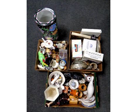 Three boxes containing miscellaneous china and glassware to include continental figures, animal ornaments, Ringtons china, te