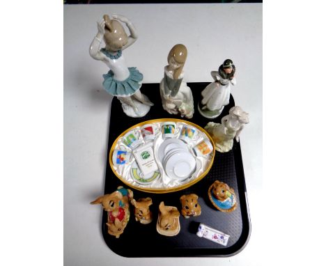 A tray containing boxed miniature coffee service, five Pendelfin figures, china figurines, miniature china chaise longue  