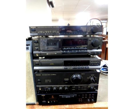 Five hifi separates to include Technics quartz synthesizer ST-G570L, stereo cassette deck RS-B765, compact disc player SL-PG3