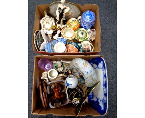 Two boxes containing miscellaneous to include Art Deco light shade, figural table lamp, character jugs, Wedgwood jasperware, 