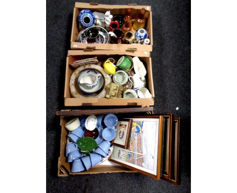 Three boxes containing miscellaneous china and pictures, seven inch singles, Spode bells, whiskey decanters, Art Deco glass l