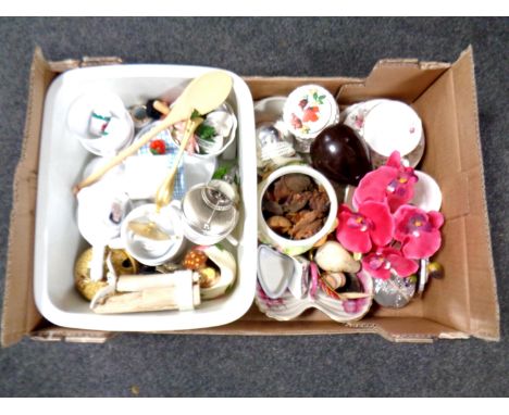 A box containing miscellaneous china to include two Royal Albert china trios, trinket dishes etc 