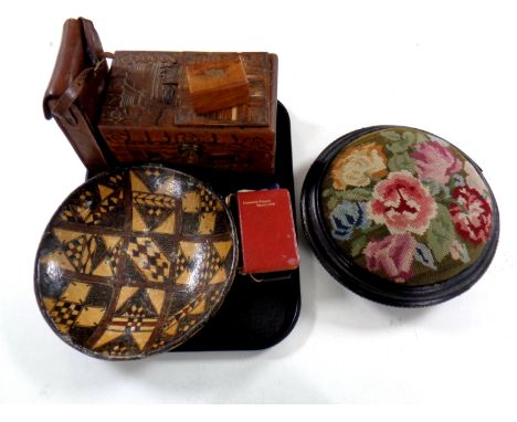 A tray containing a Victorian tapestry upholstered footstool, wooden bowl, assorted trinket boxes, leather camera case 