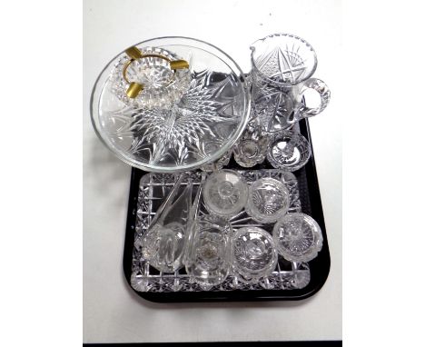 A tray containing a quantity of lead crystal cut glassware to include trinket set, jug, comport etc 