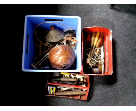 A metal concertina toolbox, a canvas bag and a crate containing vintage hand tools, copper poss stick head, spirit level etc 