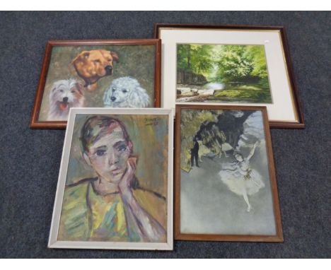 A George Skelton watercolour, river through woodland, together with a 20th century oil on board portrait study, indistinctly 