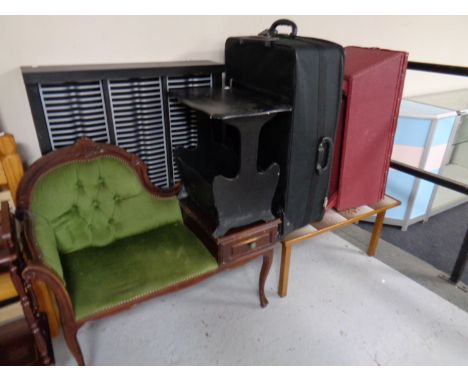 A contemporary DVD rack together with a telephone table, magazine table, tile topped coffee table, luggage case and a loom bl