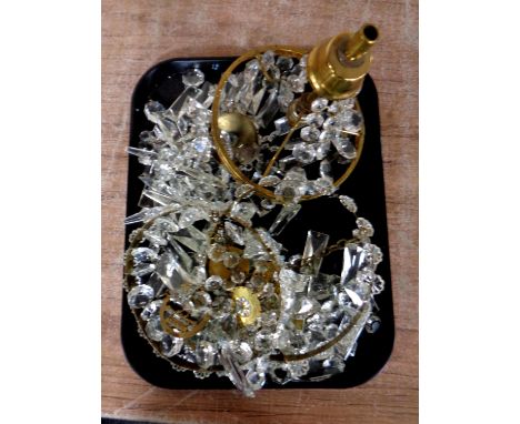 Three brass hanging light fittings with crystal drops a/f