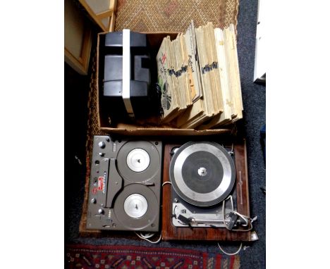 A Dual 1019 turntable together with a quantity of 78s, a Tanberg reel to reel player and an Elmo projector (continental wirin