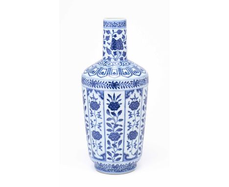A CHINESE MING-STYLE BLUE AND WHITE BOTTLE VASE  the tapering cylindrical body with shallow vertical lobes, painted in the Mi