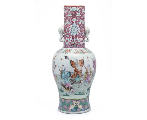 A LARGE AND IMPRESSIVE CHINESE FAMILLE-ROSE 'IMMORTALS' BALUSTER VASE, QING DYNASTY, 19TH CENTURY  the baluster body brightly