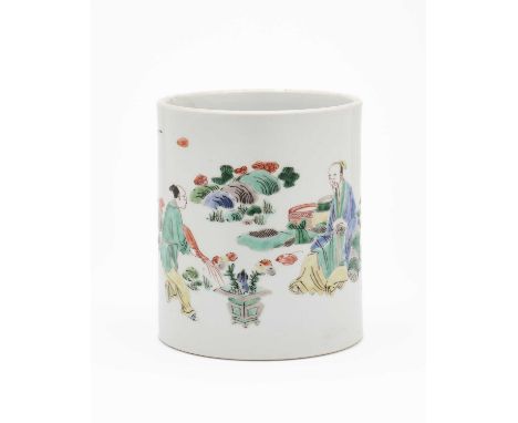 A CHINESE FAMILLE-VERTE BRUSHPOT, BITONG, QING DYNASTY, KANGXI PERIOD the slightly waisted cylindrical body rising from a fla