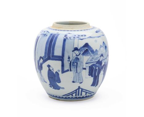 A CHINESE BLUE AND WHITE JAR, QING DYNASTY, KANGXI PERIOD (1662-1722) the ovoid body rising from a recessed base to a short i
