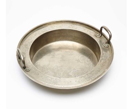 A CHINESE ENGRAVED PAKTONG BASIN, QING DYNASTY, 19TH CENTURY the straight sides rising from a flat base to an everted broad r