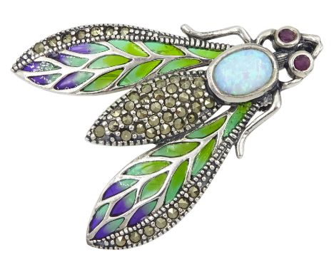 Silver plique-a-jour, marcasite and opal bug brooch, stamped 925 Condition Report:Length = 45mm, good condition 