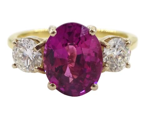 18ct gold three stone oval pink sapphire and round brilliant cut diamond ring, pink sapphire approx 3.10 carat, total diamond