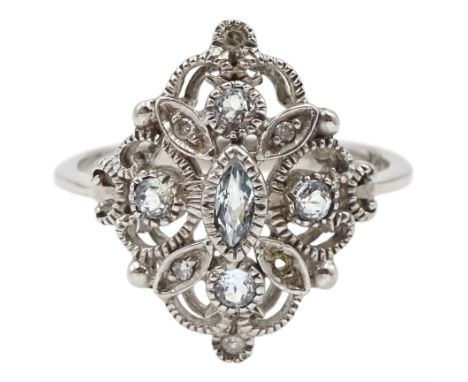 9ct white gold milgrain set diamond and aquamarine filigree ring, hallmarkedCondition Report:Approx 2.55gm, size L-M, head de