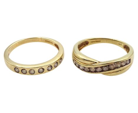 Gold fancy champagne colour diamond crossover ring and one other gold fancy diamond half eternity ring, both hallmarked 9ctCo