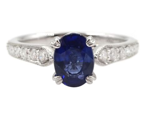 18ct white gold oval Ceylon sapphire ring, with milgrain set diamond shoulders, hallmarked, sapphire approx 0.80 caratConditi